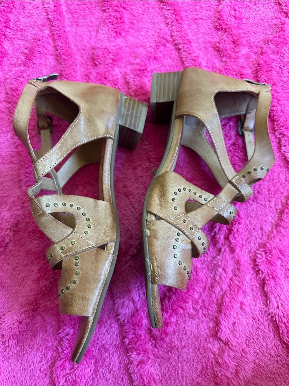 Antelope Tan Studded Strappy Block Heel boho Sandals
